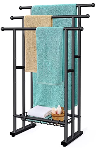 Kayfia 40'' Freestanding 3 Tier Alloy Steel Towel Rack with Storage Basket | Dual-Use Drying & Display Rack, Holds Oversized Bath Towels & Blankets, Fits Bathroom, Tub, Shower, Poolside, Black - color: Black