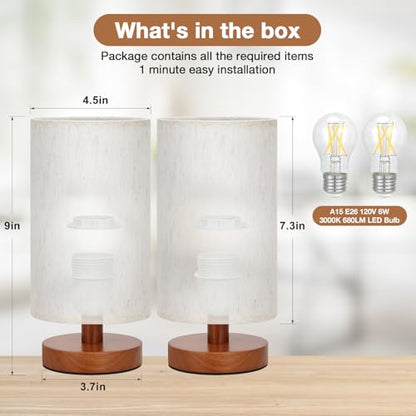 Fenmzee Small Lamps Set of 2 - Inline Control, Bedside Table Lamp for Bedroom with 3000K A15 LED Blub, Easy Assembly (Cream Shade - Walnut Base Set of 2, 9" Inline Control) - color: Cream Shade - Walnut Base set of 2