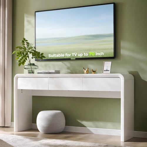 Aitjunz 63'' Console Table with 3 Drawers, Modern Entryway Table with Curved Profile Design, Narrow Long Wood Sofa Table Behind Couch Table for Living Room, Hallway, Foyer, White - color: White
