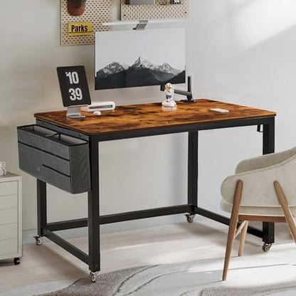 AHB 39" Rolling Computer Desk with 4 Smooth Wheels, Simple Style Mobile Writing Desk Home Office Study Table Movable Workstation with Metal Frame - color: Brown, size: 39"