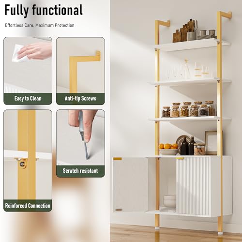 INNOD 74" Tall Bookshelf with Storage Cabinet, Modern Ladder Shelf with Wood and Metal Frame, Wall Mount Bookcase Open Display Shelf Furniture for Living Room, Bedroom, Home Office, Gold - color: White & Gold
