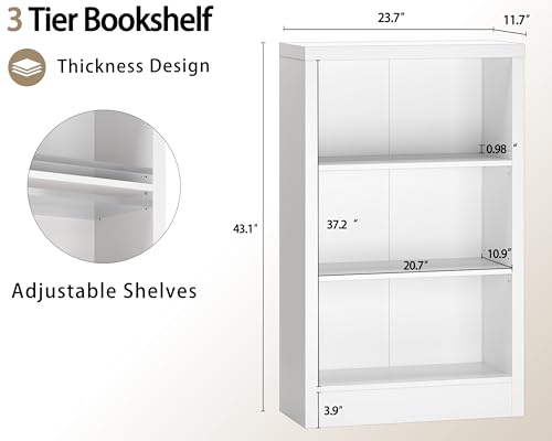 furtble 3 Tier Bookshelf with Thick Open Storage Shelf, 43" Tall Wooden Bookcase with Adjustable Shelves for Living Room, Home Office, Bedroom, White - size: 3-Tier-23.6W