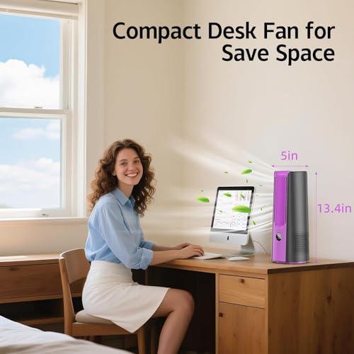KONSIDEN Bladeless Desk Fan for Office, 13-Inch Small Quiet Desktop Fan with 9 Speeds, 60° Oscillation, 1–9H Timer and LED Display, Plug-In Bedside Fan with Adapter for Bedroom and Nightstand - color: Rose