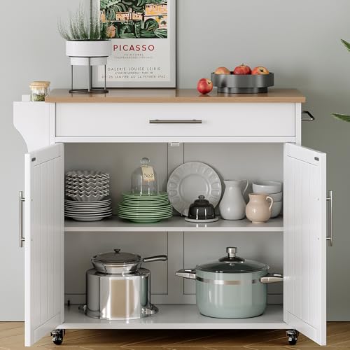 Kitchen Island with Storage, Wooden Rolling Kitchen Island On Wheels with Wood Top, Mobile Kitchen Bar Cart Cabinet with Towel Rack, Spice Rack and Drawers, White - color: White