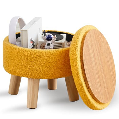 Wimarsbon Storage Ottoman, Modern Round Footrest with Soft Padded Seat, Teddy Velvet Footstool with Wood Legs, Accent Small Table or Plant Stand for Hallway, Living Room (Brilliant Yellow) - color: Brilliant Yellow