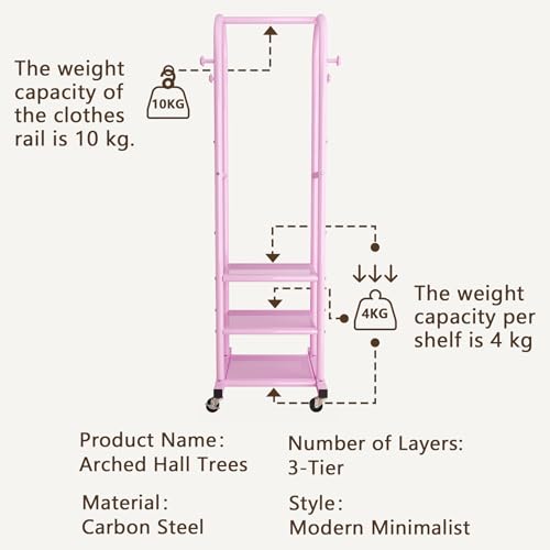 Dttwacoyh Clothing Rack with Wheels,Narrow Metal Garment Rack,Pink | Easy to install, 71.8 Inches Display Rack with 4 Side Hooks & 3 Shelves,for Small Flats, Bedroom, Entryway,Pink Clothes Rack - color: Pink