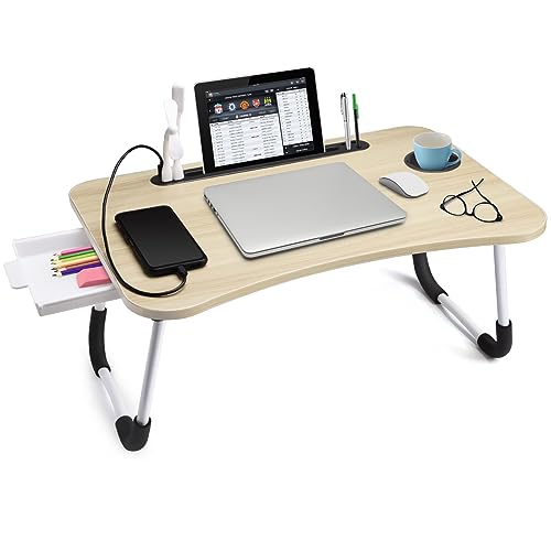 Slendor Lap Desk with Tablet Slot, Foldable Laptop Table with Storage Drawer，Portable Bed Desk for Laptop, Computer Tray with Cup Holder Notebook Stand Reading Holder for Couch Floor, White Maple - color: White Maple