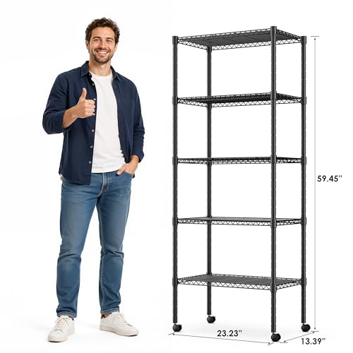 Simple Deluxe 5-Tier Heavy Duty Adjustable Shelf with Wheels, 23.23”W x 13.39”D x 59.45”H,Metal Storage Rack, Easy Tool-Free Assembly for Garage, Warehouse, Basement, Laundry, Black - size: 5-Tier, 23.23”W x 13.39”D x 59.45”H, style: 1 Pack