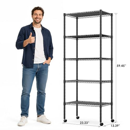 Simple Deluxe 5-Tier Heavy Duty Adjustable Shelf with Wheels, 23.23”W x 13.39”D x 59.45”H,Metal Storage Rack, Easy Tool-Free Assembly for Garage, Warehouse, Basement, Laundry, Black - size: 5-Tier, 23.23”W x 13.39”D x 59.45”H, style: 1 Pack