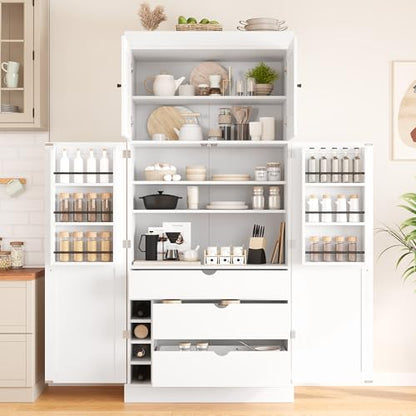 Merax 77'' Tall Freestanding Kitchen Pantry, 35''Lx17.7''W Modern Shaker Style Cupboard Storage Cabinet with Adjustable Shelves,Door Shelves, Drawers and Wine Racks, White - color: White