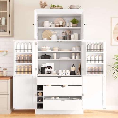 Merax 77'' Tall Freestanding Kitchen Pantry, 35''Lx17.7''W Modern Shaker Style Cupboard Storage Cabinet with Adjustable Shelves,Door Shelves, Drawers and Wine Racks, White - color: White