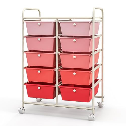 10-Drawer Rolling Cart with Drawers, Storage Cart with Universal Wheel & Metal Frame, Multipurpose Mobile Trolley Utility Cart for Makeup Kitchen Office Play Room (Gradient Pink) - color: Gradient Pink