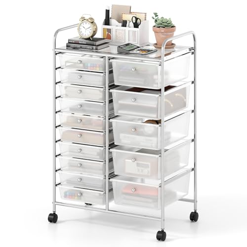GOFLAME 15-Drawer Rolling Storage Cart, Multifunctional Art Craft Organizer Cart with Removable Drawers, Lockable Wheels and Metal Frame, Classroom Storage Cart for Home Office School, Transparent - color: Transparent, size: 15-Drawer