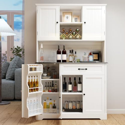 Gizoon Kitchen Pantry Cabinet with Microwave Shelf Tall Coffee Bar Cabinet with Doors and Shelves Farmhouse Kitchen Hutch with Storage for Dining Room and Craft Room, Painted White and Black - color: White and Black