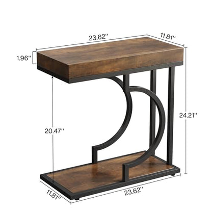 Tribesigns C Shaped Modern End Table for Coach with Metal Frame | Wood Grain, Small Side Table for Living Room, Nightstand for Bedroom, Rustic Brown&Black - color: Brown+black