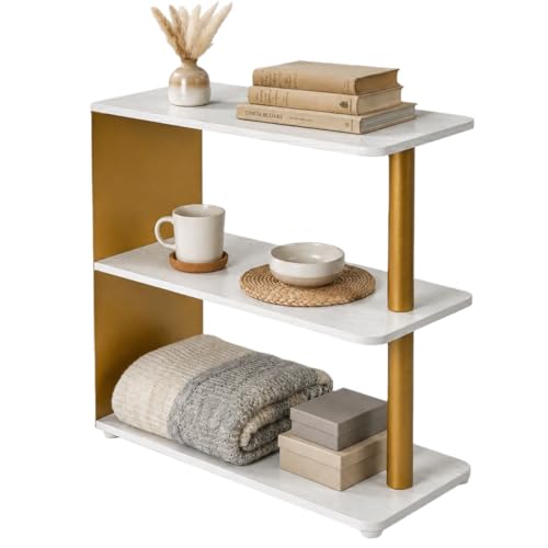 3-Tier Narrow End Table, Industrial Slim Side Table for Small Spaces, Sofa Couch Table Accent Nightstand with Storage Shelves for Living Room, Bedroom, Gold and White - color: Gold