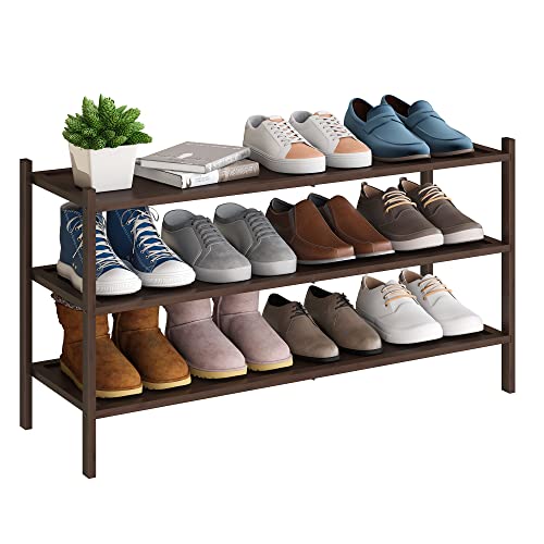 BMOSU 3-Tier Bamboo Extended Shoe Rack Premium Stackable Shoe Shelf Storage Organizer for Hallway Closet Living Room Entryway Organizer(Brown) - color: Brown, size: 3-Tier Long（33.3*11*18.3inches）