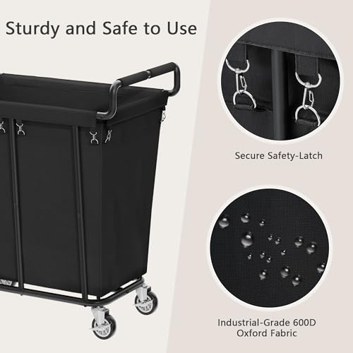 Gewudraw Medium Laundry Hamper with Wheels, 250L, Black | Rolling Laundry Basket, Heavy Duty Rolling Laundry Cart with Handle, Steel Frame, Waterproof Liner, 66 Gallons - color: Black, size: 1-Section-250L