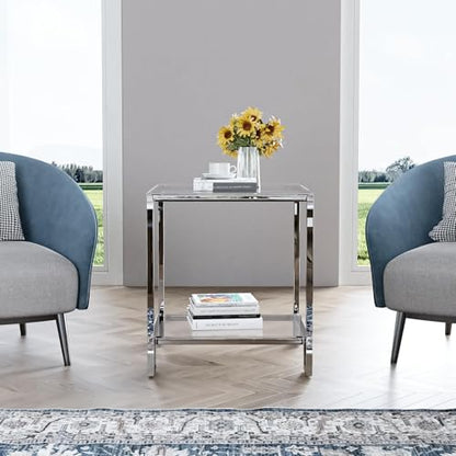 2 Tier Square End Table Side Table with Tempered Glass Top and Silver Stainless Steel Frame Modern Night Stand for Small Spaces Side Table with Storage for Living Room Bedroom - color: Silver, style: Style 1