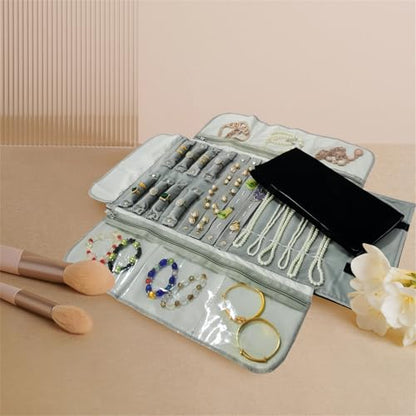 Velvet Travel Jewelry Case Roll Bag Organizer for Necklace Bracelet Earrings Ring (Black) (grey and black) - color: Grey and Black