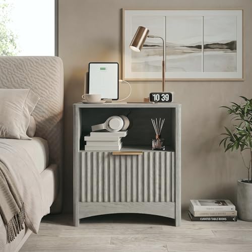 Marsail Fluted Nightstand Set of 2, Wooden Nightstands with Drawers, Modern Bedside Table with Charging Station and Storage, End Table with Storage Side Table for Bedroom, Grey - color: Grey