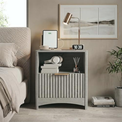 Marsail Fluted Nightstand Set of 2, Wooden Nightstands with Drawers, Modern Bedside Table with Charging Station and Storage, End Table with Storage Side Table for Bedroom, Grey - color: Grey