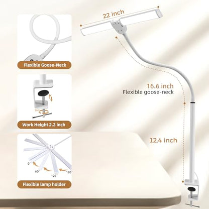 Motumen Led Desk Lamp for Home Office, Eye-Care Desk Light Clamp, White | Smart Double Head Computer Monitor Table Clip Lamp, Adjustable Flexible Goose-Neck, 25 Lighting Models, Task Lamp - color: White and Sliver