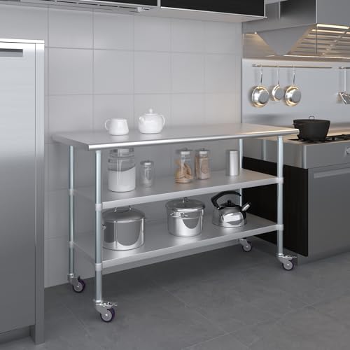 AmGood Stainless Steel Work Table with 2 Shelves and Casters | Metal Utility Table On Wheels (Stainless Steel Work Table with 2 Shelves + Casters, 60" Long x 24" Deep) - size: 60" Long x 24" Deep