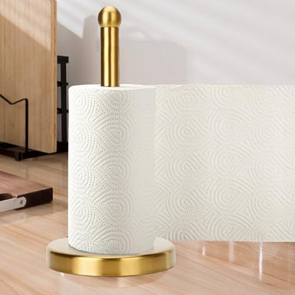 Paper Towel Holder Countertop, Brushed Gold Paper Towel Holder Stand Papertowel Holder with Stable Weighted Base, Free Standing Paper Towel Roll Holder for Kitchen Bathroom