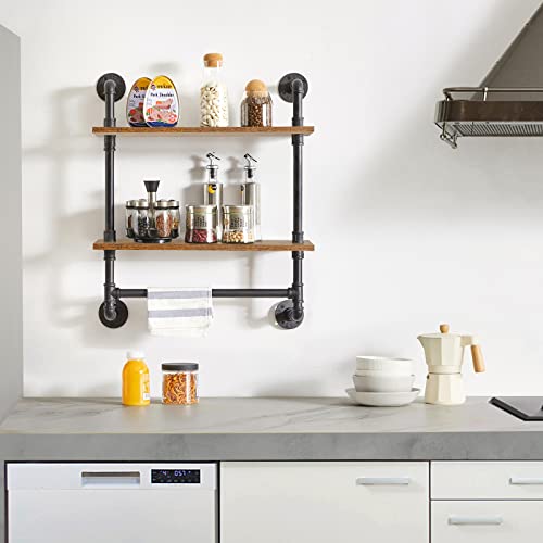 IBUYKE 2-Tiers Industrial Pipe Shelves with Towel Bar RF-TM014 | Rustic Wall Mount Bookcase,Metal Bracket Storage Wall Shelf for Bedroom, Kitchen - size: 2 Tier with Tower Bar