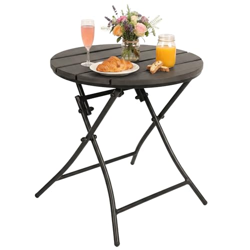 TeoKJ Folding Black Small Outdoor Side Tables, HDPS Patio Table with Metal Legs, Outdoor Small Round Table for Garden,Deck, No Assembly Patio Table Round Nightstand for Porch Yard Balcony Deck Lawn - color: Dark Grey
