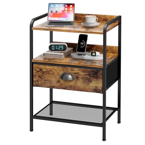 Nightstand with 1 Fabric Drawer, Side Table with Open Mesh Shelf, Bedroom Bedside Table with Storage, Fabric Drawer Dresser, Wood Top, Couch Side, Rustic Brown - color: Brown(1drawer), size: Set of 1