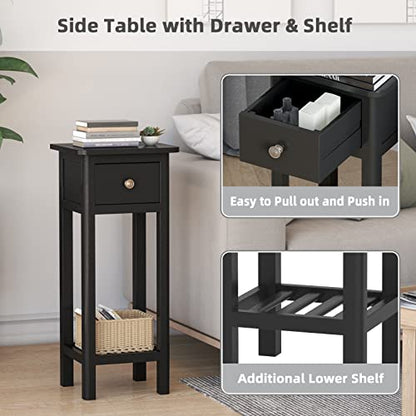 Giantex Tall End Table, Narrow Side Table with Drawer and Shelf, Acacia Wood Nightstand for Living Room, 2-Tier Bedside Table for Small Space, No Assembly, Black - color: Black