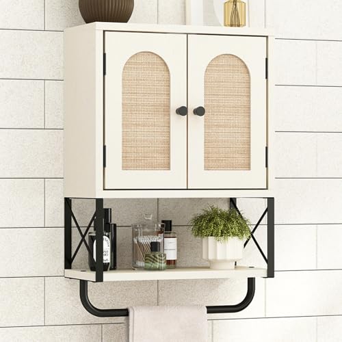 RUSTOWN Rattan Bathroom Wall Cabinet, Boho Over The Toilet Storage Cabinet with Arched Rattan Doors, Modern Medicine Cabinet with Adjustable Shelves & Towel Bar(Vintage White,Small) - color: Vintage White, size: Small