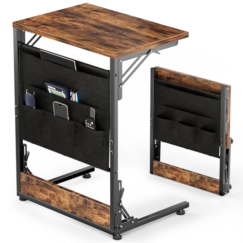 Folding TV Tray Table, Large Size C-Shaped Side Table for Couch and Bed, Slide Under Sofa Side Table with Storage Bag - Sturdy Metal Frame Tray for Living Room, Bedroom, Home & Office (Rustic Brown) - color: Rustic Brown, size: 23.6" x 15.0" x 28.8"