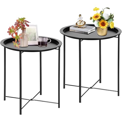 VECELO Side/End Table, Folding Round Metal Anti-Rust and Waterproof Outdoor or Indoor Tray for Living Room Bedroom Balcony and Office, 2 PCS, Black - color: Black, size: 2 PCS