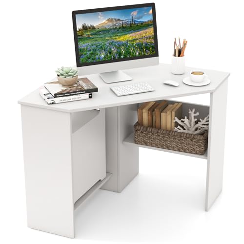 GOFLAME Corner Desk with Storage Shelves, Triangular Computer Desk with Cable Management Holes, Laptop Workstation for Small Space, Makeup Vanity Desk for Living Room, Study, White - color: White