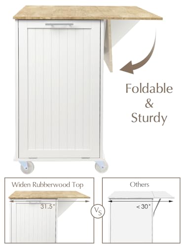 Kitchen Island with Storage, 43.3" Rolling Kitchen Island Cart on Wheels with Wide Drop Leaf Rubberwood Top, Large Mobile Island Table with Trash Can Storage and Towel Bar, White - size: Large Kitchen Island, style: Modern White