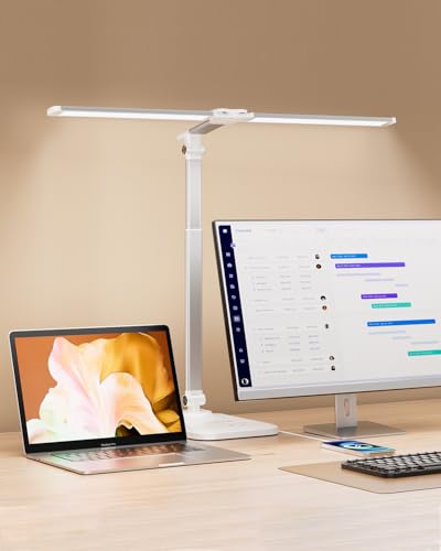 LED Desk Lamp for Office Home, Height Adjustable Architect Desk Light with USB Adapter, Stepless Dimming 50 Lighting Modes, Eye Caring Double Head Computer Desk Lamp for Reading, Study, Workbench - color: White