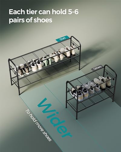 SONGMICS Shoe Rack, 3-Tier Shoe Organizer, Metal Shoe Shelf Storage with 4 Side Hooks, Holds 24 Pairs of Shoes, Height-Adjustable Shoe Rack for Entryway, Hallway, Closet, Ink Black ULMR131B01 - size: 3 Tiers (44.9"W)