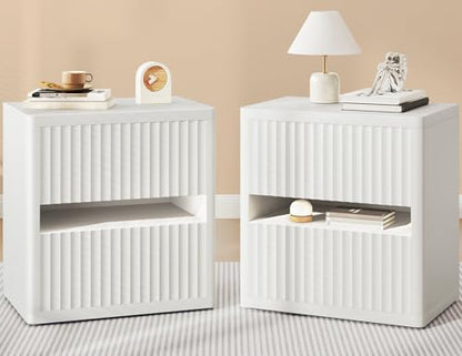 Dripex Fluted Nightstand Set of 2, 22'' Wide Night Stand with 2 Large Drawers, Mid Century Modern Wood Bedside Table with Open Shelf, Large Bed Side End Table for Bedroom, White - color: White