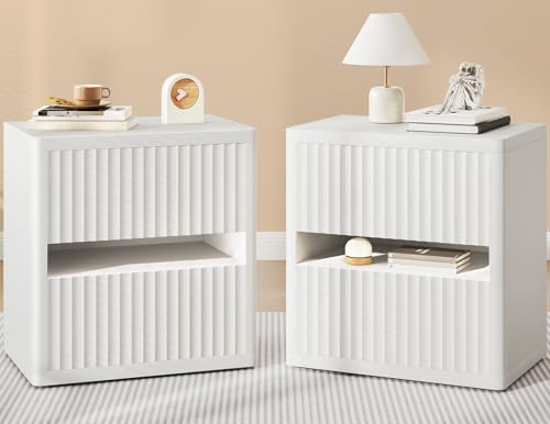 Dripex Fluted Nightstand Set of 2, 22'' Wide Night Stand with 2 Large Drawers, Mid Century Modern Wood Bedside Table with Open Shelf, Large Bed Side End Table for Bedroom, White - color: White