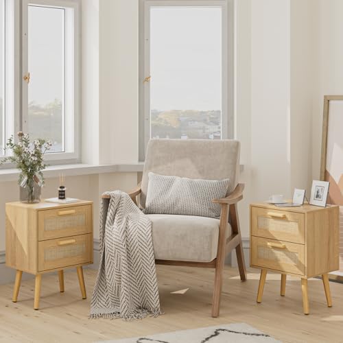 Masupu Rattan Night Stand,Modern nightstand Boho Bedside Table with 2 Drawer,Small End Side Table for Bedroom,Living Room,Office,Natural - color: Natural