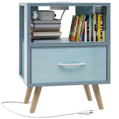 Huhote Kids Nightstand, 2-Tier Night Stand with Charging Station and Drawer, Modern Side Table for Bedroom, Study Room, Small Spaces, Blue - color: Blue, size: 2-Tier with Charging