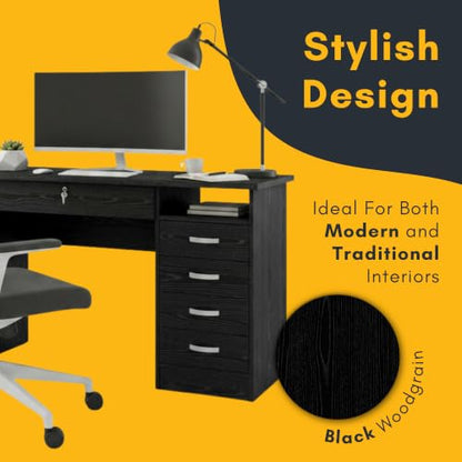 Furnifact Black Home Office Desk with 5 Drawers and Open Shelf, Lockable Storage Computer Desk and Study Table Ideal for Work from Home Setup