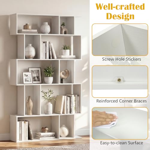 GOFLAME 5-Tier Geometric Bookshelf, 62” Tall Bookcase with 10 Open Back & Closed Back Cubes, Modern Display Book Shelf, S-Shaped Storage Organizer for Living Room, Home Office (1,White) - color: White