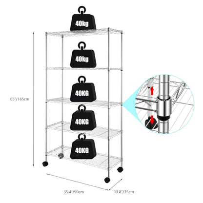 5-Tier Shelf, Adjustable Wire Metal Rack Shelving, Heavy Duty Standing Storage Shelves, Garage, Kitchen, Office, Bathroom, Shelfs Easy Assembly, 35" W x 14" D x 65" H Wheels, Chrome - color: Chrome, size: 5-tier 35.43"W x 13.78"D x 65"H Wheels