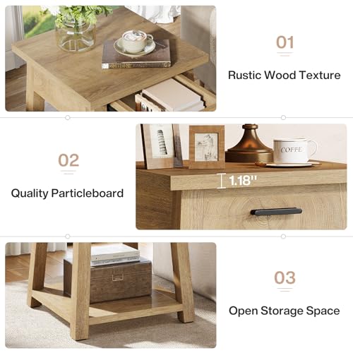 Tribesigns Side Table Set of 2, Wooden End Table with Drawer Storage, Rustic Nightstands for Bedroom, Living Room, Office and Small Spaces