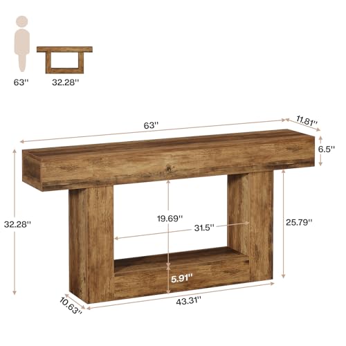Tribesigns 63-Inch Long Console Table, 2-Tier Entryway Table Sofa Table with Storage, Farmhouse Wood Behind Couch Table for Living Room, Hallway, Rustic Brown - color: Rustic Brown