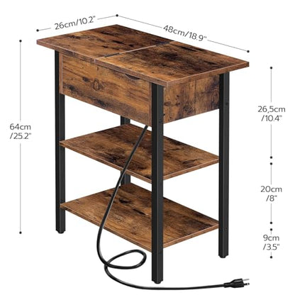 HOOBRO End Table with Charging Station, Narrow Side Table, Flip Top Nightstand with USB Ports and Outlets, Bedside Tables with Shelf for Small Spaces, Living Room, Rustic Brown BF341BZ01 - color: Rustic Brown + Black